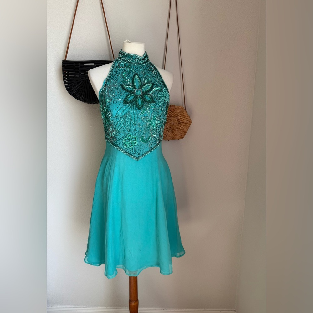 Vintage Alyce Designs Turquoise Beaded Evening Formal Gown, Size 14